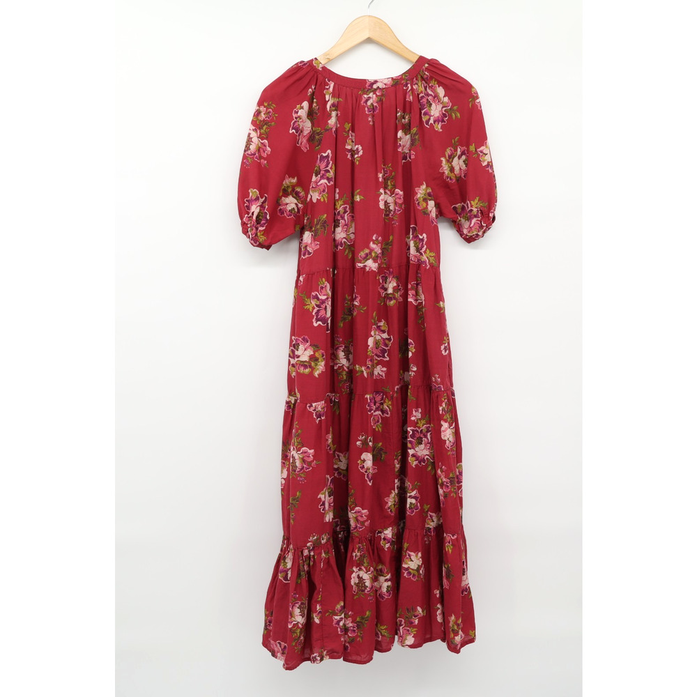 Sundance Marnie Tired Floral Dress Sz M Puff Sleeve Burgundy Pockets Button - Picture 3 of 6